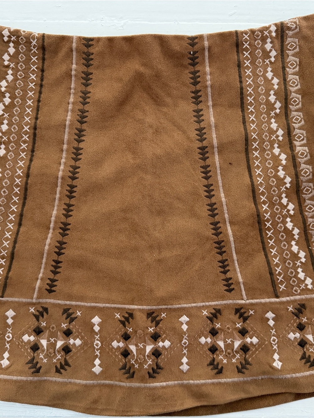 Abercrombie and Fitch Embroidered Suede Boho Skirt in Camel Brown